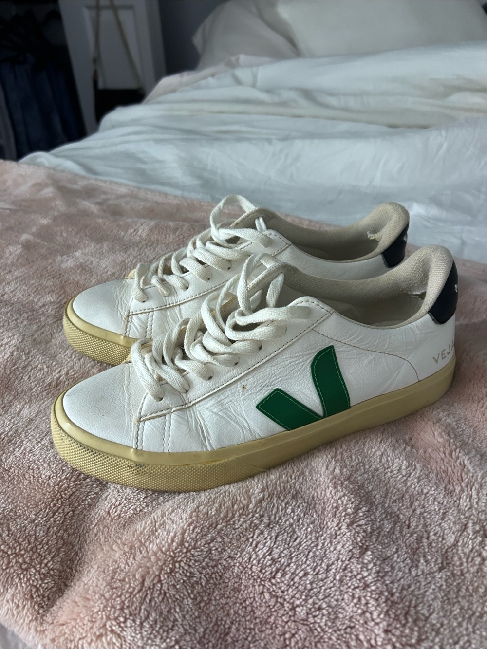 Veja White Leather Sneaker with Green V Accent